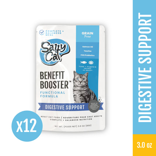 Salty Cat Benefit Booster Digestive Support Tuna & Pumpkin Entrée in Gravy, 40g x 12 Pouches – Gut-Health Wet Cat Food Topper with Prebiotics, Omega-3s, and Taurine