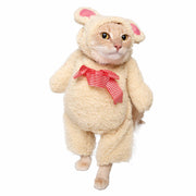 Cat in a walking teddy bear costume that makes it look like it's a teddy bear walking on two legs. Has a plaid bow on the front