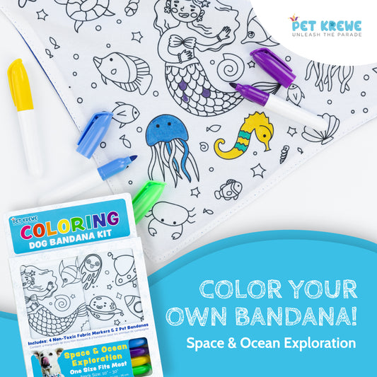 Pet Krewe DIY Dog Bandana Kit – Color-Your-Own Dog Bandana 2-Pack with Non-Toxic Fabric Markers (Space & Ocean Exploration Theme)