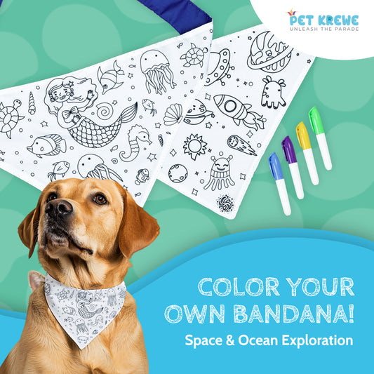 Pet Krewe DIY Dog Bandana Kit – Color-Your-Own Dog Bandana 2-Pack with Non-Toxic Fabric Markers (Space & Ocean Exploration Theme)