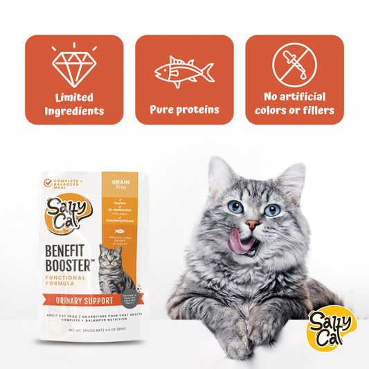 Salty Cat Benefit Booster Urinary Support Grilled Tuna Entrée in Gravy, 85g x 12 Pouches – Wet Cat Food with DL-Methionine & Cranberry Extract for Urinary Tract Health