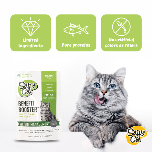 Salty Cat Benefit Booster Weight Management Tuna & Chicken Entrée in Broth, 85g x 12 Pouches – High-Protein Wet Cat Food with L-Carnitine, Salmon Oil & Natural Fiber