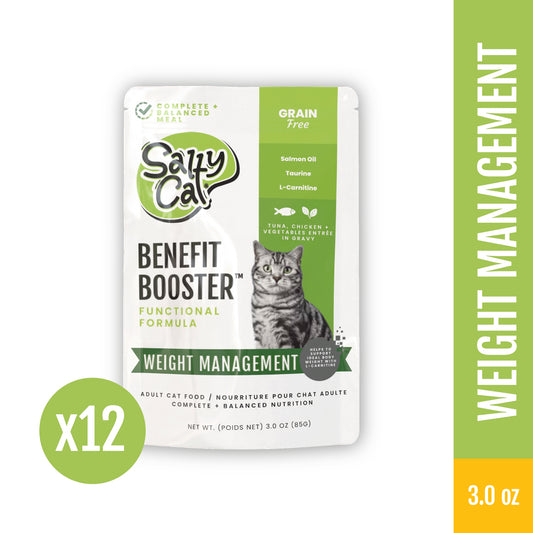 Salty Cat Benefit Booster Weight Management Tuna & Chicken Entrée in Broth, 85g x 12 Pouches – High-Protein Wet Cat Food with L-Carnitine, Salmon Oil & Natural Fiber