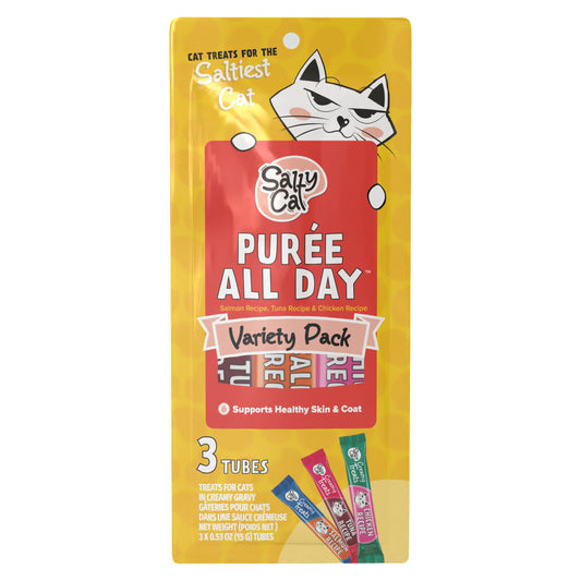 Salty Cat Purée All Day Natural Creamy Tuna, Salmon & Chicken Tube Treats for Cats, 72 Tubes – Hydrating, High-Protein, Lickable Texture, Grain-Free