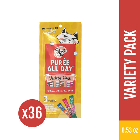 Salty Cat Purée All Day Natural Creamy Tuna, Salmon & Chicken Variety Pack Tube Treats for Cats, 15g x 36 Tubes – High-Moisture, Omega-Rich Lickable Treats for Hydration & Skin Support