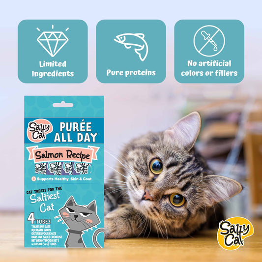 Salty Cat Purée All Day Natural Creamy Salmon Tube Treats for Cats, 15g x 48 Tubes – Hydrating, Omega-Rich Lickable Treats for Skin & Coat Support