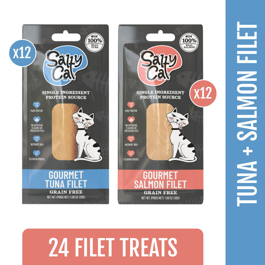 Salty Cat Gourmet Natural Tuna & Salmon Filet Treats for Cats, 30g (24-Pack) – Single Ingredient, High-Protein, Wild-Caught, Soft Texture