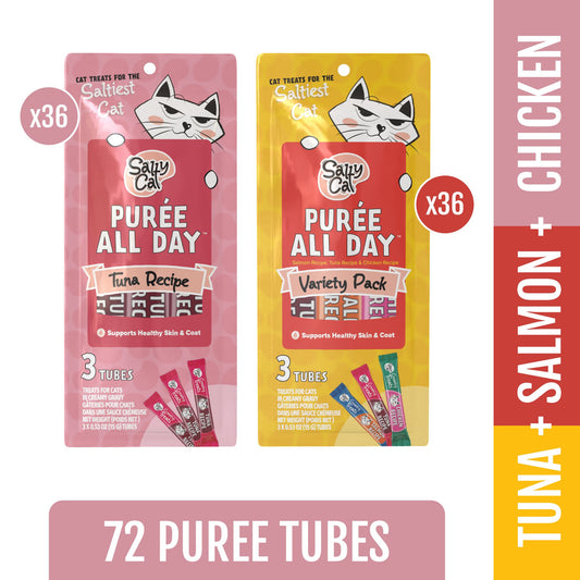 Salty Cat Purée All Day Natural Creamy Tuna, Salmon & Chicken Tube Treats for Cats, 72 Tubes – Hydrating, High-Protein, Lickable Texture, Grain-Free