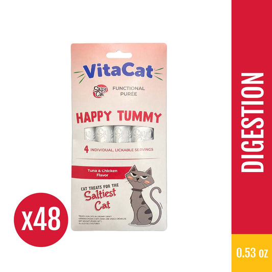 VitaCat by Salty Cat Happy Tummy Natural Creamy Tuna & Chicken Functional Tube Treats for Cats, 15g x 48 Tubes – Digestive Support with Prebiotics, Hydrating