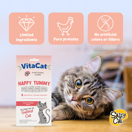VitaCat by Salty Cat Happy Tummy Natural Creamy Tuna & Chicken Functional Tube Treats for Cats, 15g x 48 Tubes – Digestive Support with Prebiotics, Hydrating