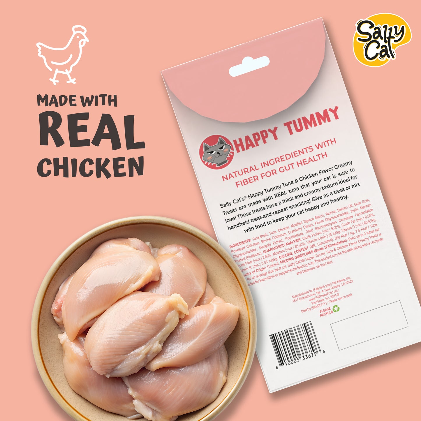 VitaCat by Salty Cat Happy Tummy Natural Creamy Tuna & Chicken Functional Tube Treats for Cats, 15g x 48 Tubes – Digestive Support with Prebiotics, Hydrating