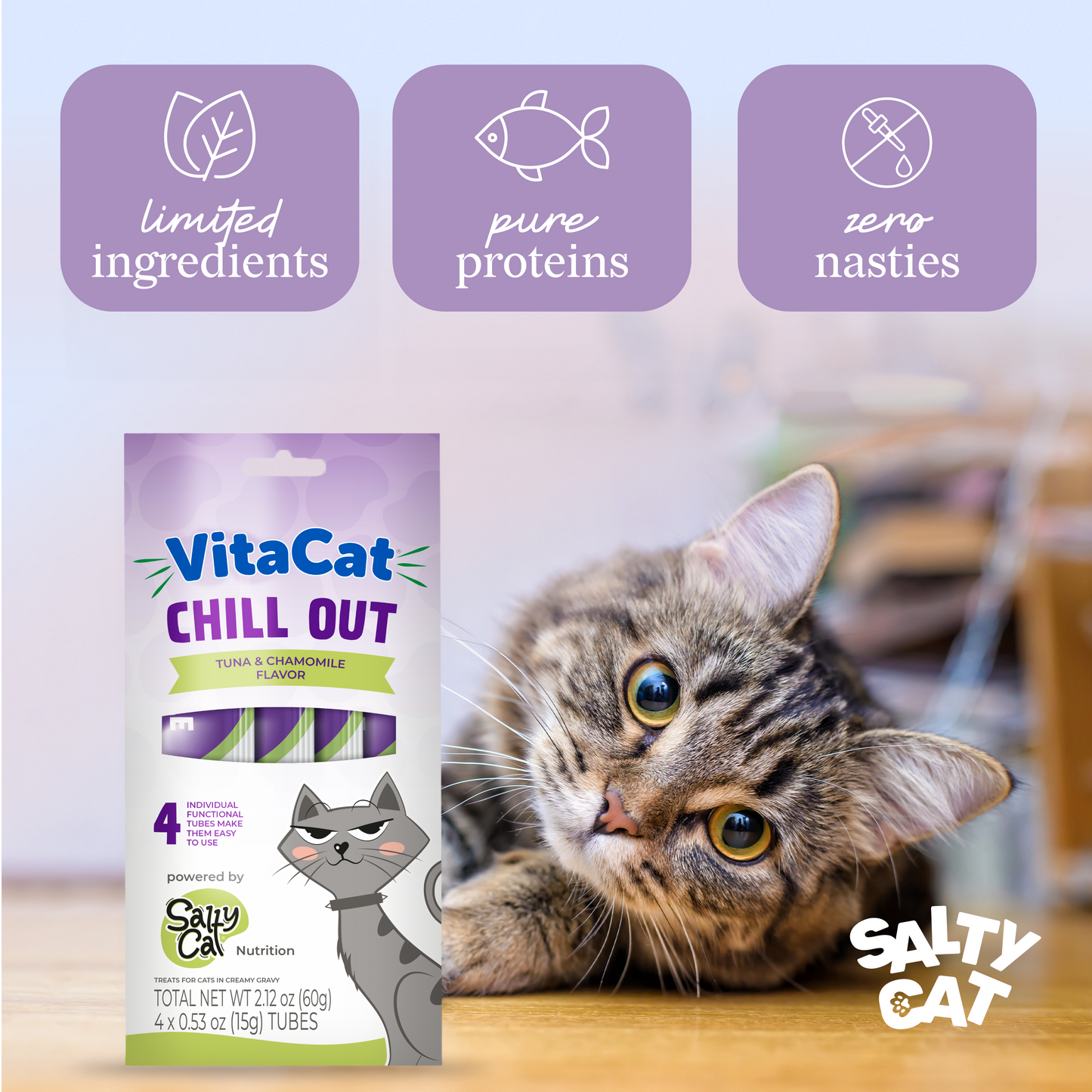 Salty Cat VitaCat Chill Out Tuna & Chamomile Flavor Creamy Treats for Cats, 4 x 15g Tubes
