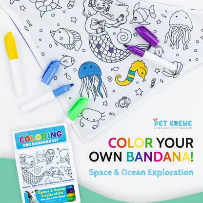 Pet Krewe DIY Dog Bandana Kit – Color-Your-Own Dog Bandana 2-Pack with Non-Toxic Fabric Markers (Space & Ocean Exploration Theme)