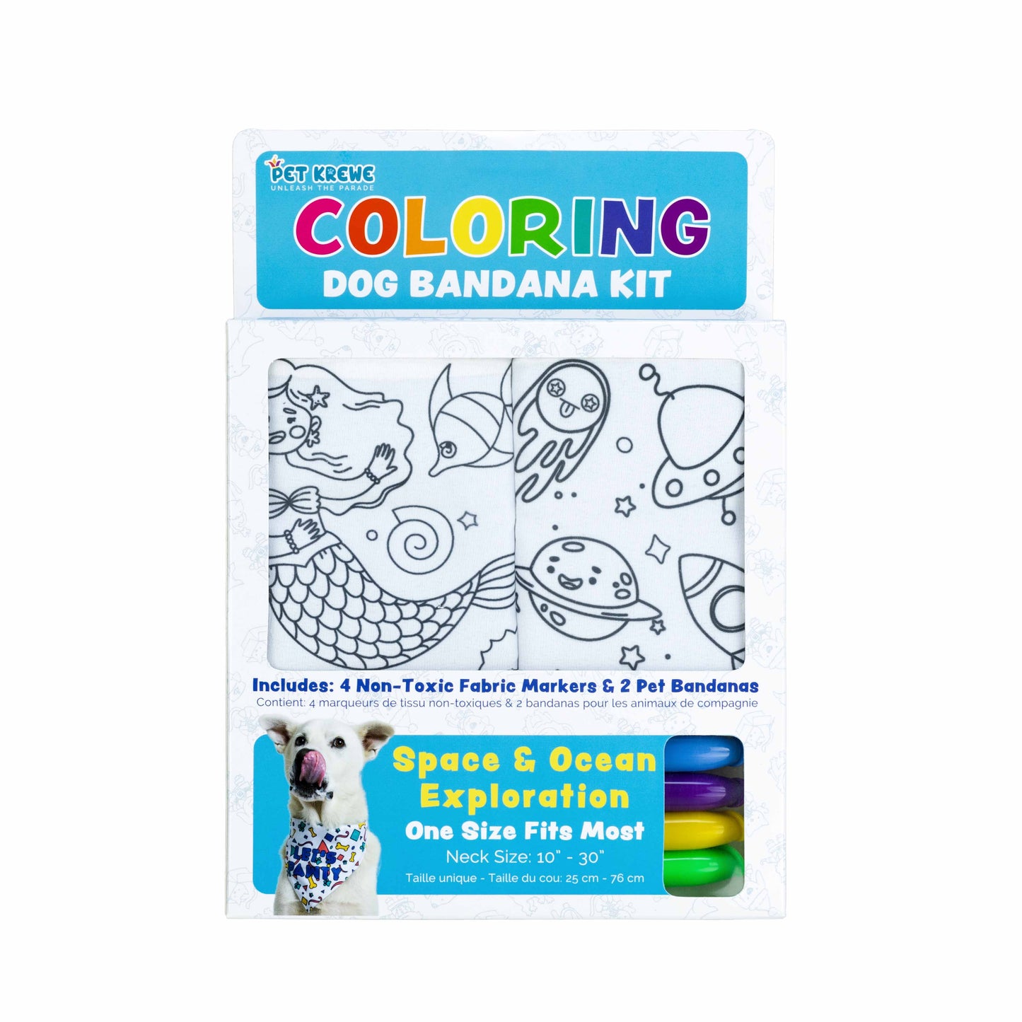 Pet Krewe DIY Dog Bandana Kit – Color-Your-Own Dog Bandana 2-Pack with Non-Toxic Fabric Markers (Space & Ocean Exploration Theme)