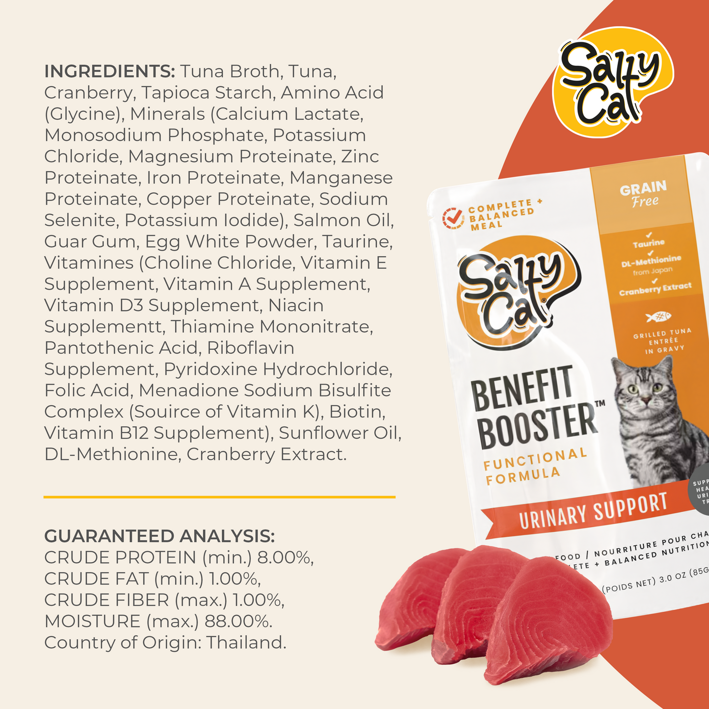 Salty Cat Benefit Booster Urinary Support Grilled Tuna Entrée in Gravy Functional Wet Cat Food for Cats, 85g Pouch
