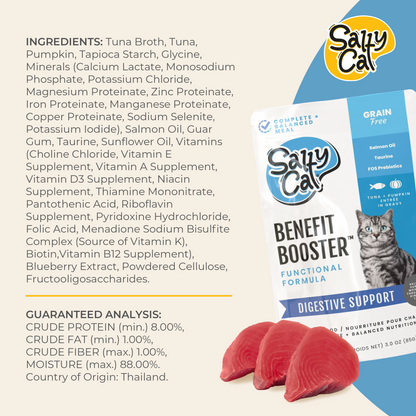 Salty Cat Benefit Booster Digestive Support Tuna & Pumpkin Entrée in Gravy Functional Wet Cat Food for Cats, 40g Pouch