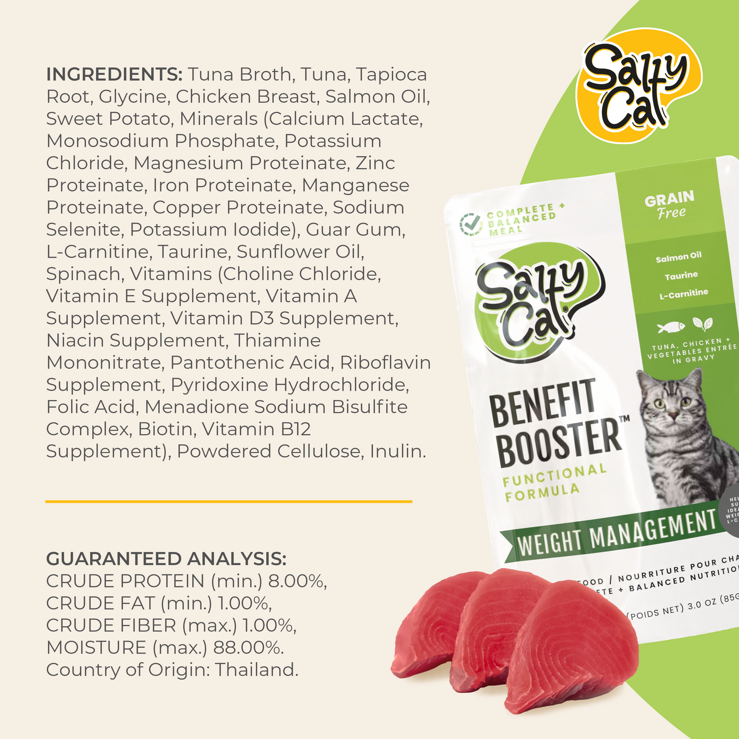Salty Cat Benefit Booster Weight Management Tuna & Chicken Entrée in Broth Functional Wet Cat Food for Cats, 85g Pouch