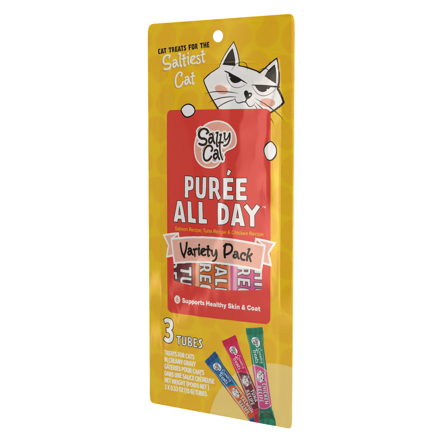 Salty Cat Purée All Day Tuna, Salmon & Chicken Variety Tube Treat for Cats, 15g Tube