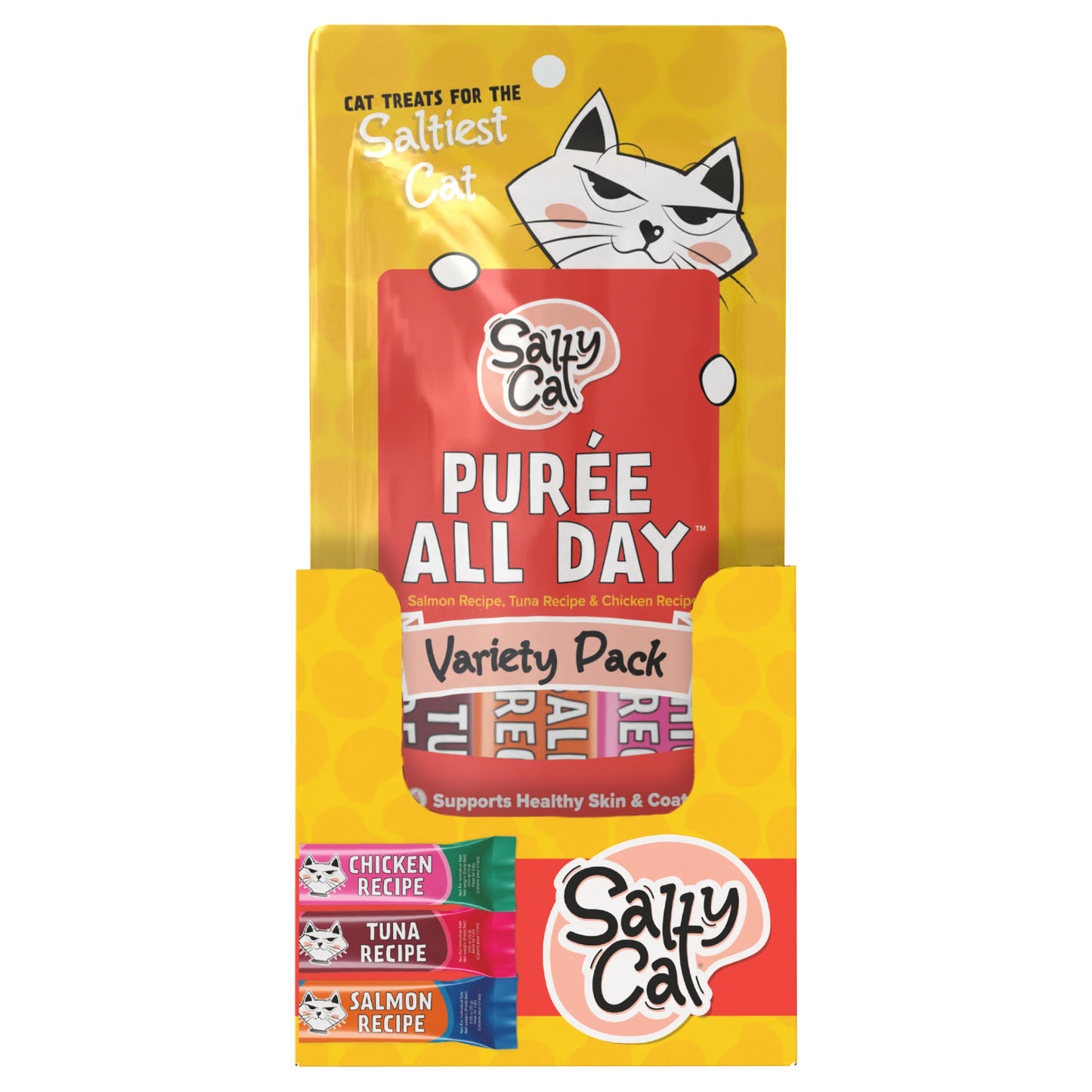 Salty Cat Purée All Day Tuna, Salmon & Chicken Variety Tube Treat for Cats, 15g Tube