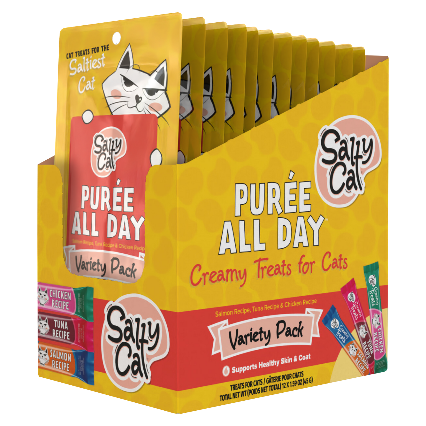 Salty Cat Purée All Day Tuna, Salmon & Chicken Variety Tube Treat for Cats, 15g Tube