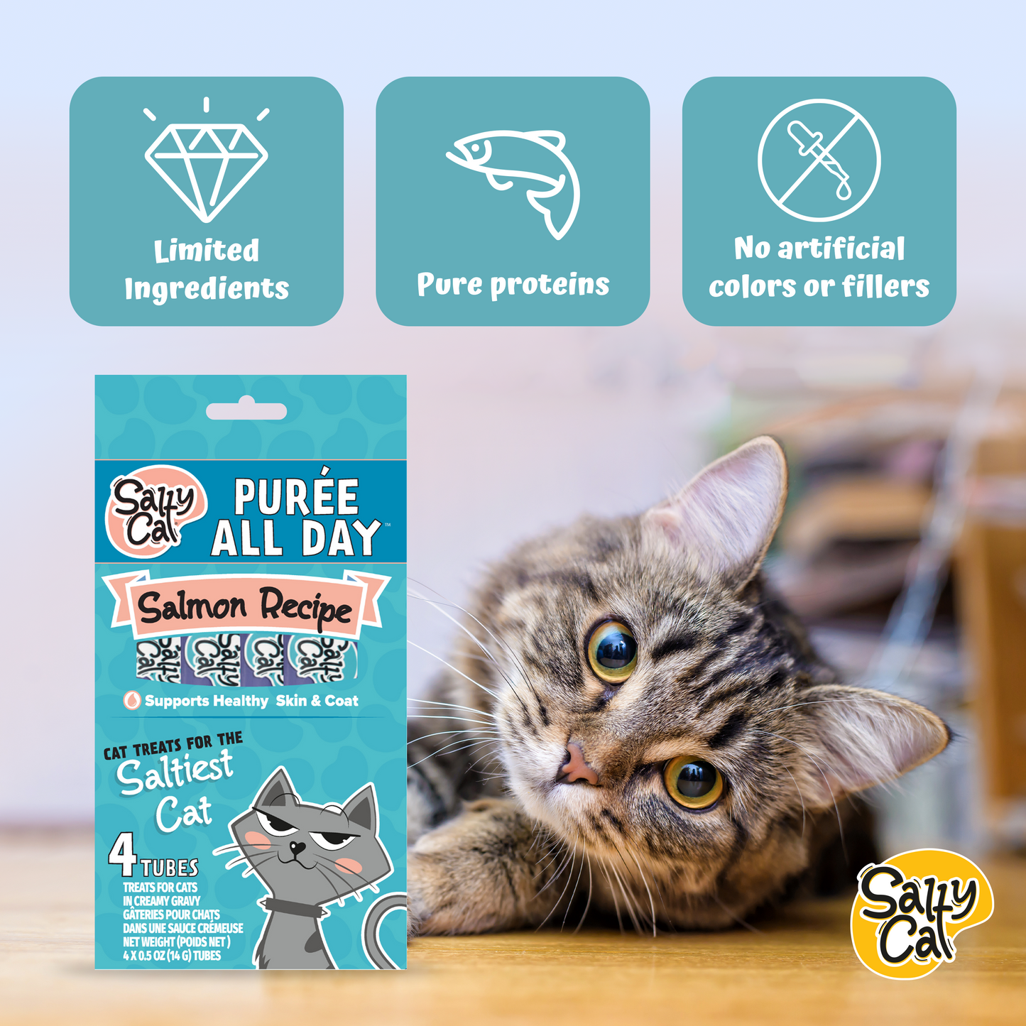 Salty Cat Purée All Day Natural Creamy Salmon Tube Treat for Cats, 15g Tube