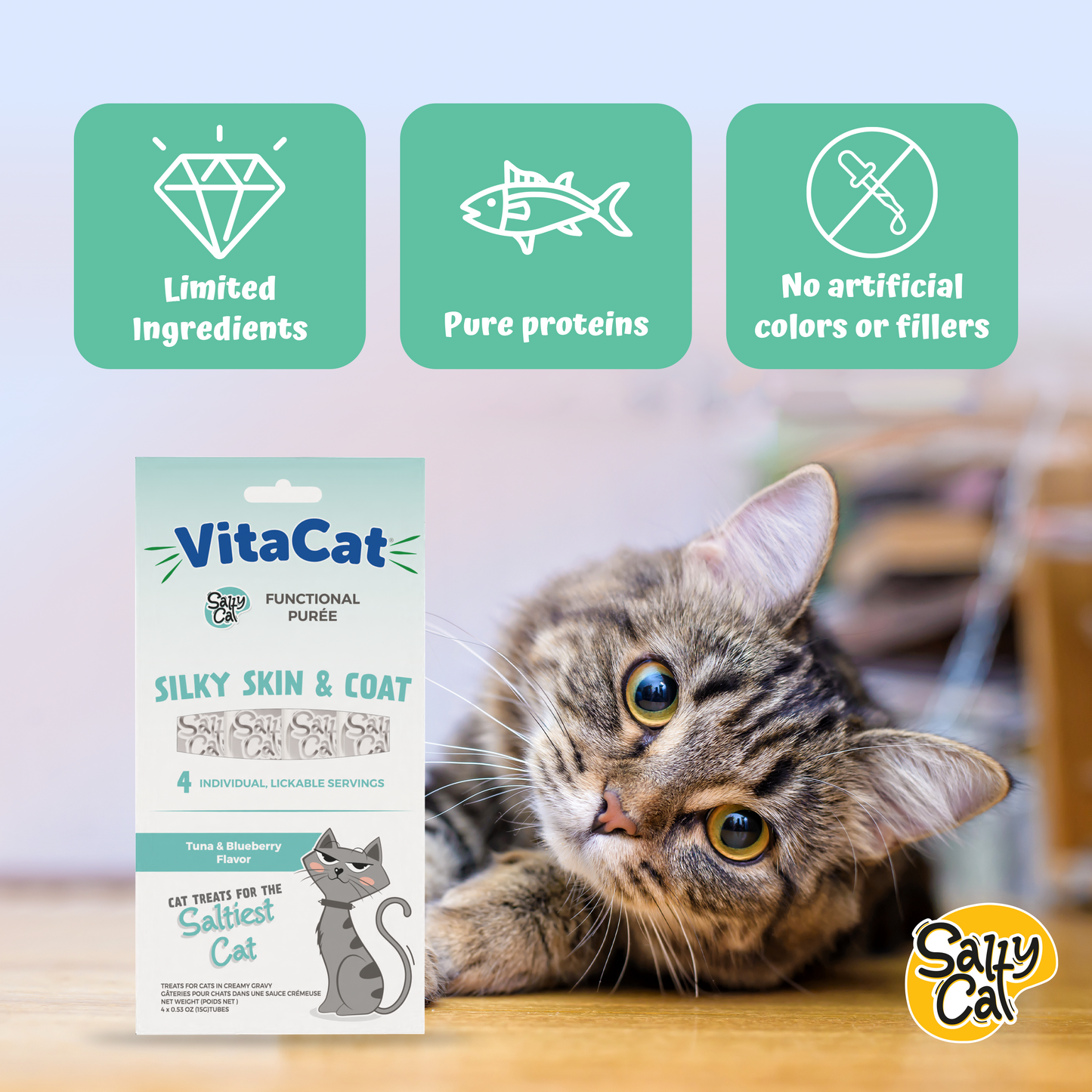 VitaCat by Salty Cat Silky Skin & Coat Natural Creamy Tuna & Blueberry Functional Tube Treats for Cats, 4 x 15g Tubes