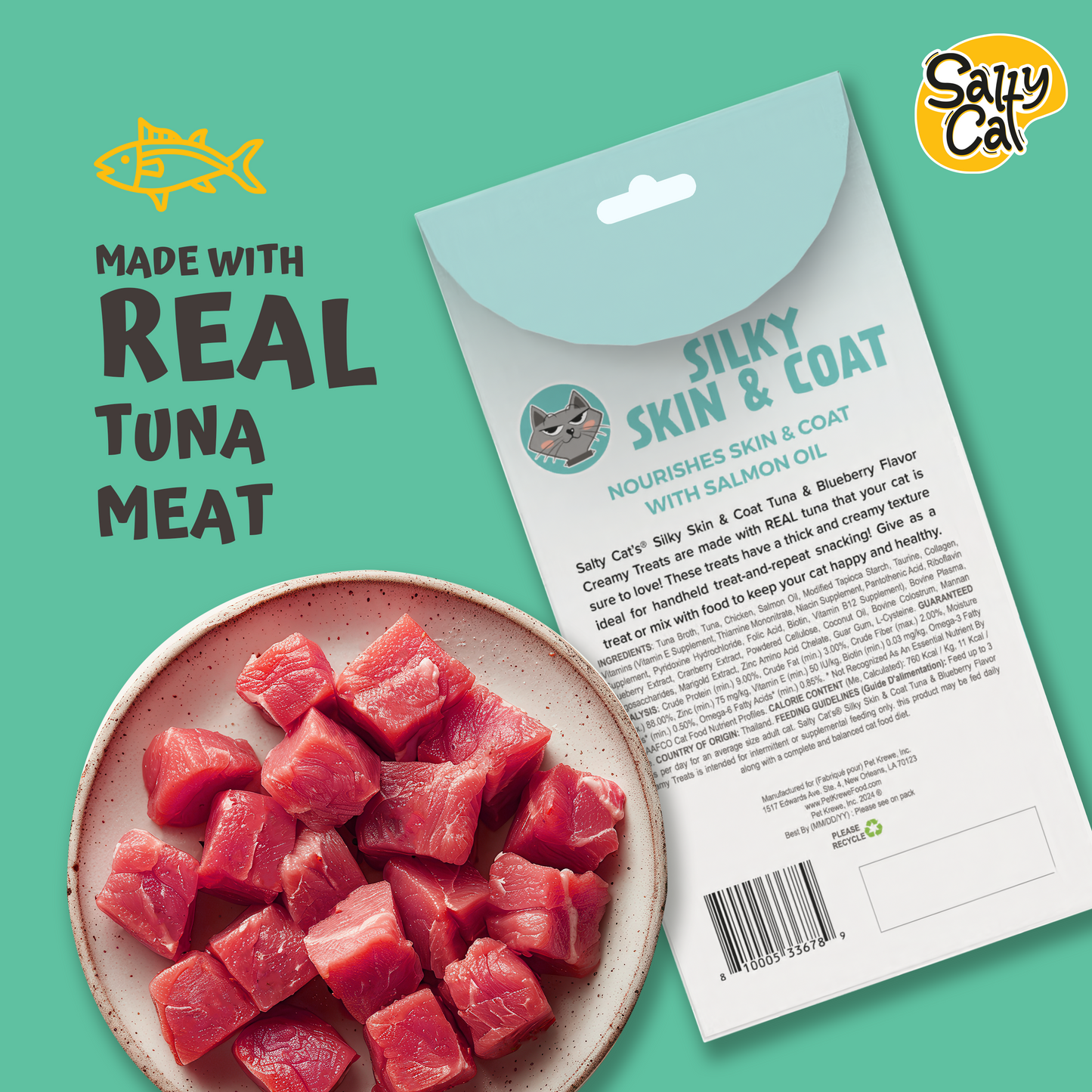 VitaCat by Salty Cat Silky Skin & Coat Natural Creamy Tuna & Blueberry Functional Tube Treats for Cats, 4 x 15g Tubes