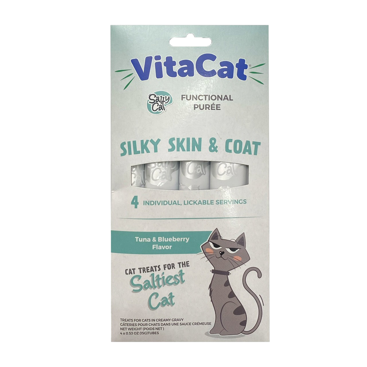 VitaCat by Salty Cat Silky Skin & Coat Natural Creamy Tuna & Blueberry Functional Tube Treats for Cats, 4 x 15g Tubes