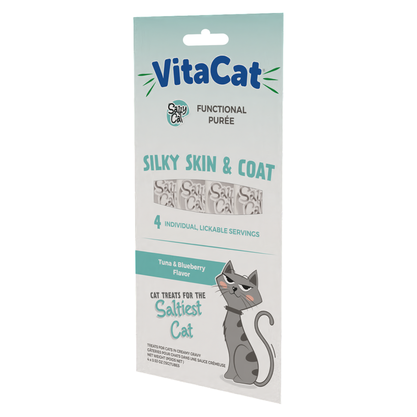 VitaCat by Salty Cat Silky Skin & Coat Natural Creamy Tuna & Blueberry Functional Tube Treats for Cats, 4 x 15g Tubes