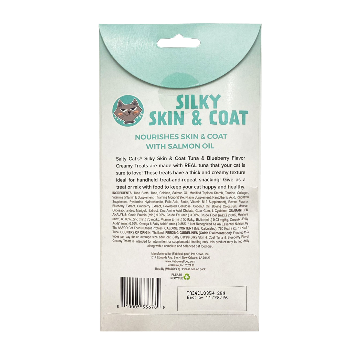 VitaCat by Salty Cat Silky Skin & Coat Natural Creamy Tuna & Blueberry Functional Tube Treats for Cats, 4 x 15g Tubes