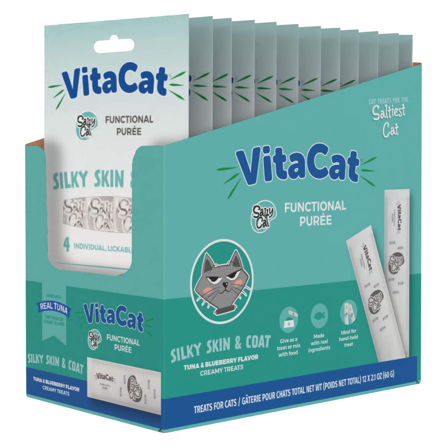 VitaCat by Salty Cat Silky Skin & Coat Natural Creamy Tuna & Blueberry Functional Tube Treats for Cats, 4 x 15g Tubes