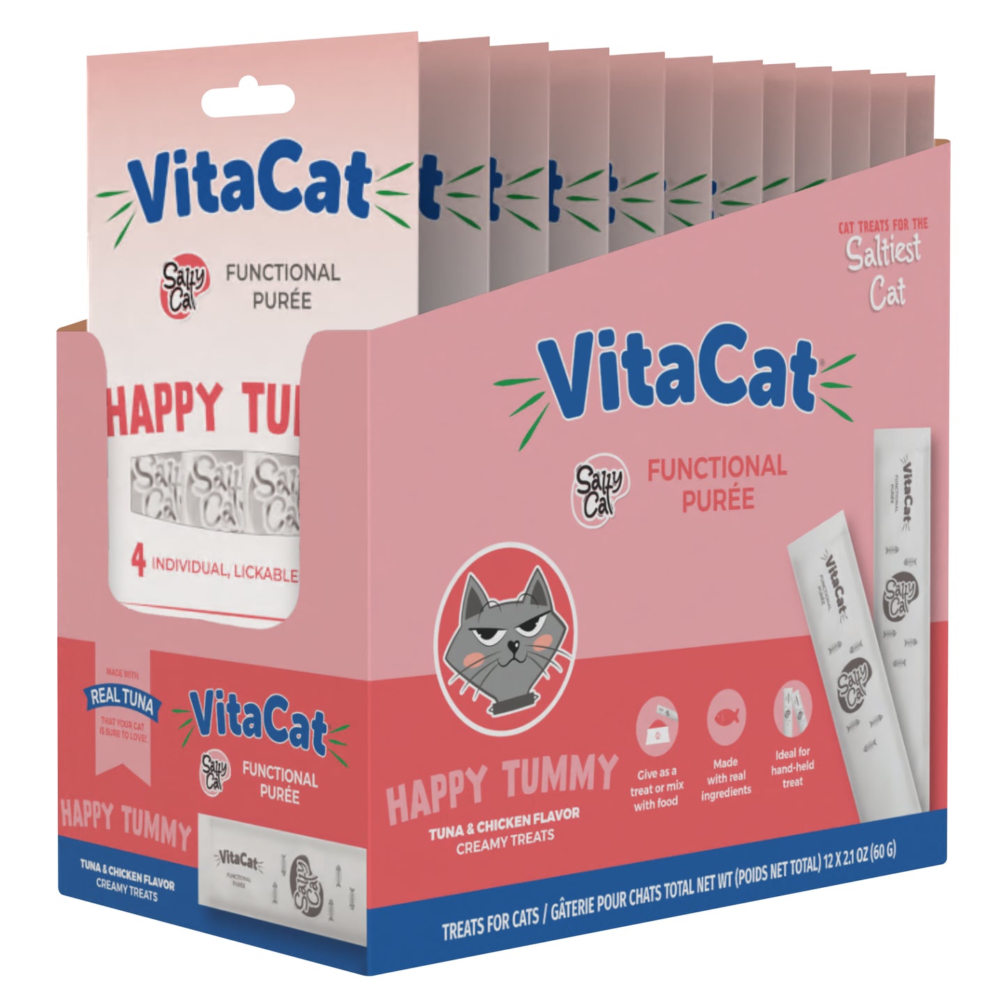 VitaCat by Salty Cat Happy Tummy Natural Creamy Tuna & Chicken Functional Tube Treats for Cats, 15g x 48 Tubes – Digestive Support with Prebiotics, Hydrating