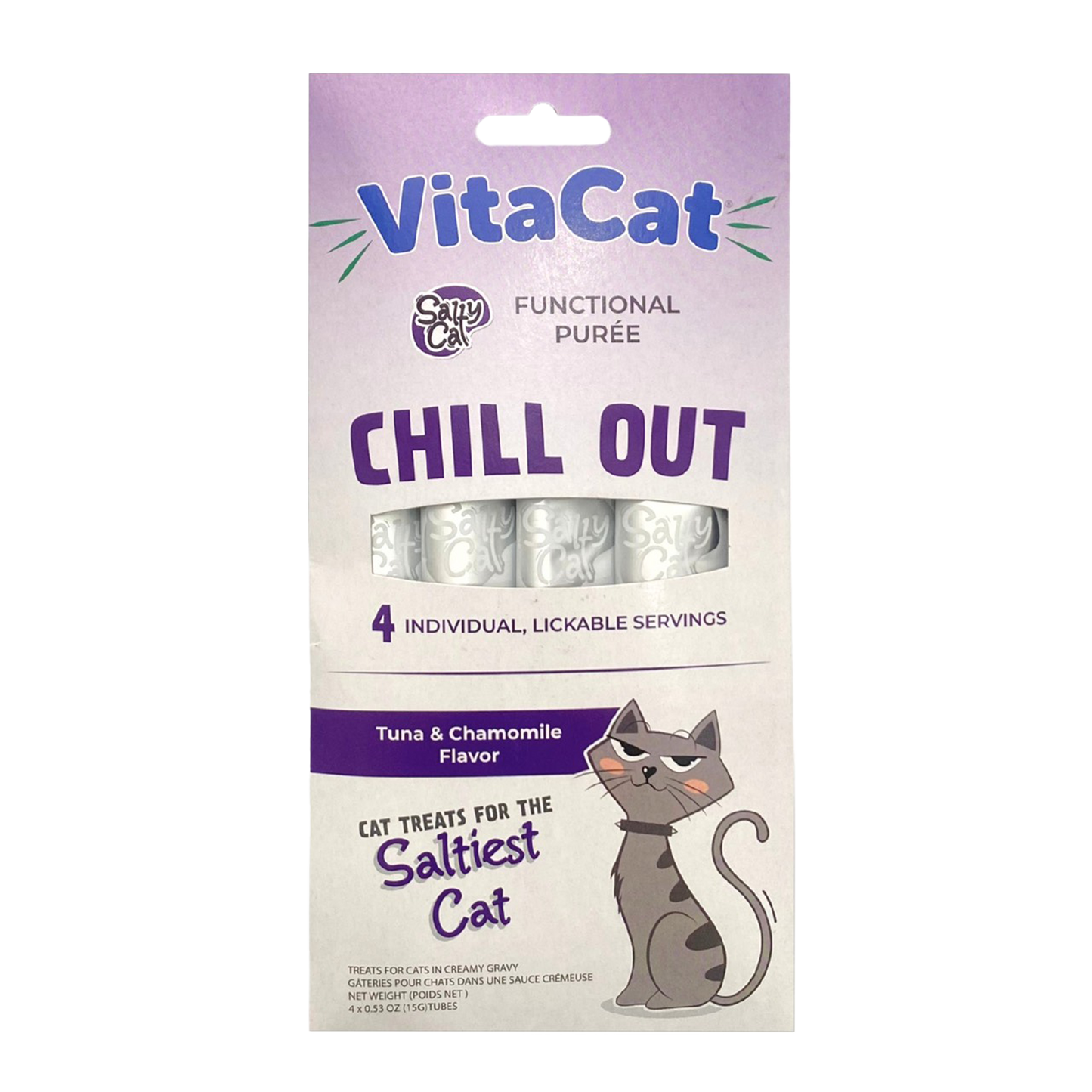 VitaCat by Salty Cat Chill Out Natural Creamy Tuna & Pumpkin Functional Tube Treats for Cats, 15g x 4 Tubes – Chamomile Flavor