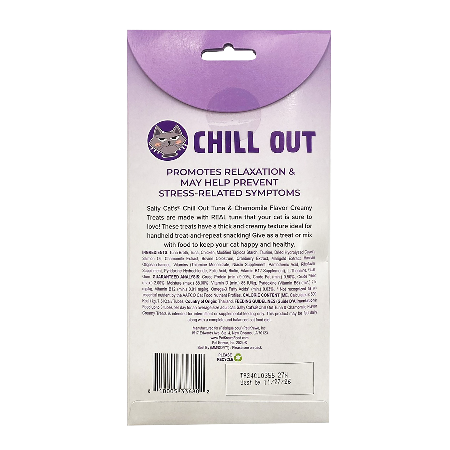 VitaCat by Salty Cat Chill Out Natural Creamy Tuna & Pumpkin Functional Tube Treats for Cats, 15g x 4 Tubes – Chamomile Flavor