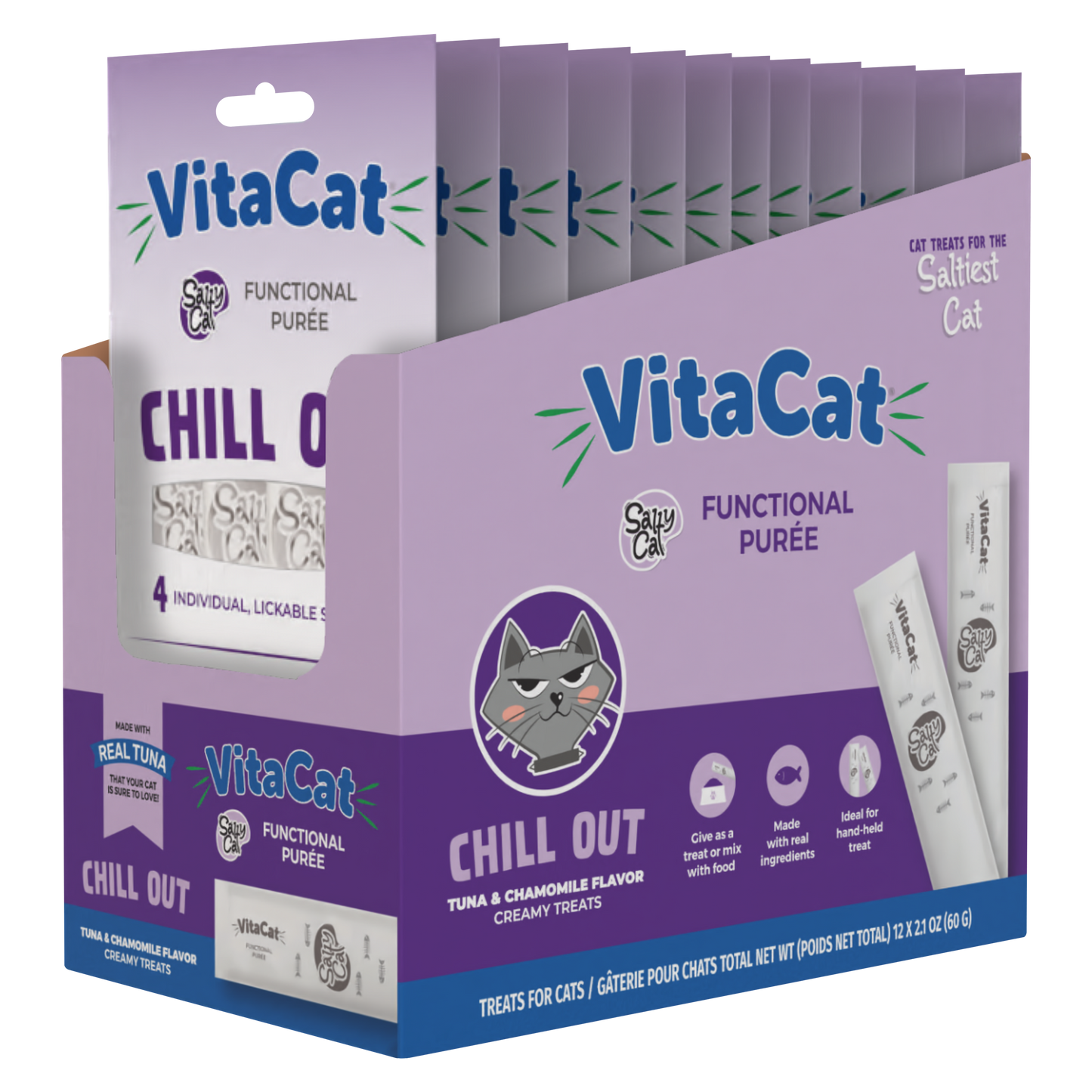 VitaCat by Salty Cat Chill Out Natural Creamy Tuna & Pumpkin Functional Tube Treats for Cats, 15g x 4 Tubes – Chamomile Flavor