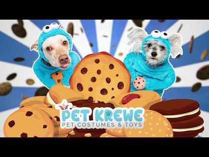 Video of multiple dogs on a walk wearing sesame street cookie monster dog costumes
